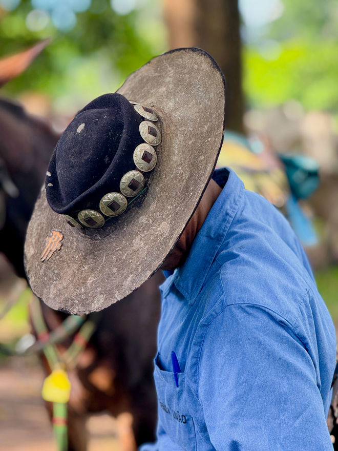 A man wearing a wide decorated hat and a blue shirt is standing outdoors next to a horse.