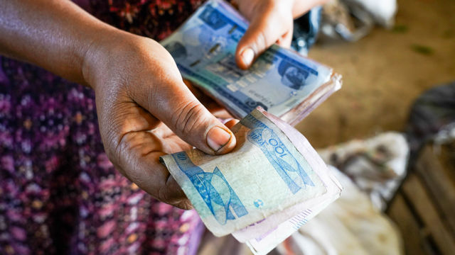 A close-up of an adult woman's hands holding and counting several banknotes.