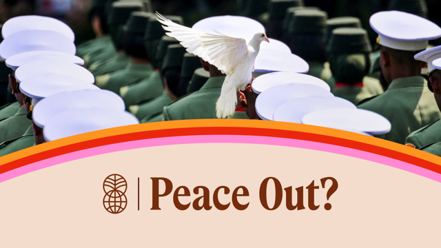 A white dove flies above a group of people in uniform wearing white hats. At the bottom of the image, the text "Peace Out?" appears on a light background.